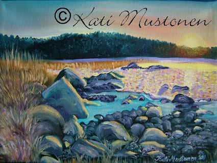 Aseman ranta ilta-auringossa, Kati Mustosen öljyvärimaalaus Kolhosta vuodelta 2011.