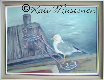 Lokki Laiturilla, Kati Mustosen öljyvärimaalaus vuodelta 2008. Aihe Lempmon saaresta Turusta